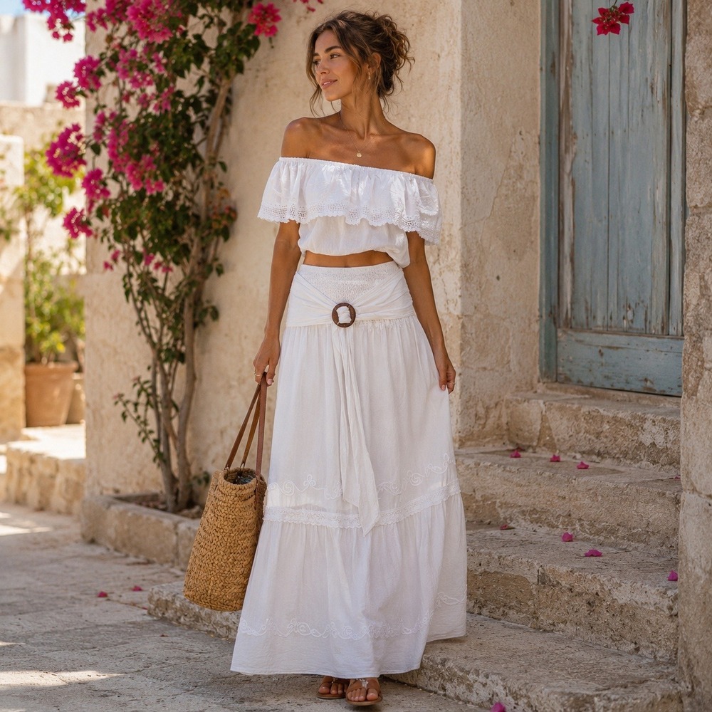 Seaspice Peruvian Cotton White Off Shoulder Maxi Skirt Set NWT XL‎ Boho